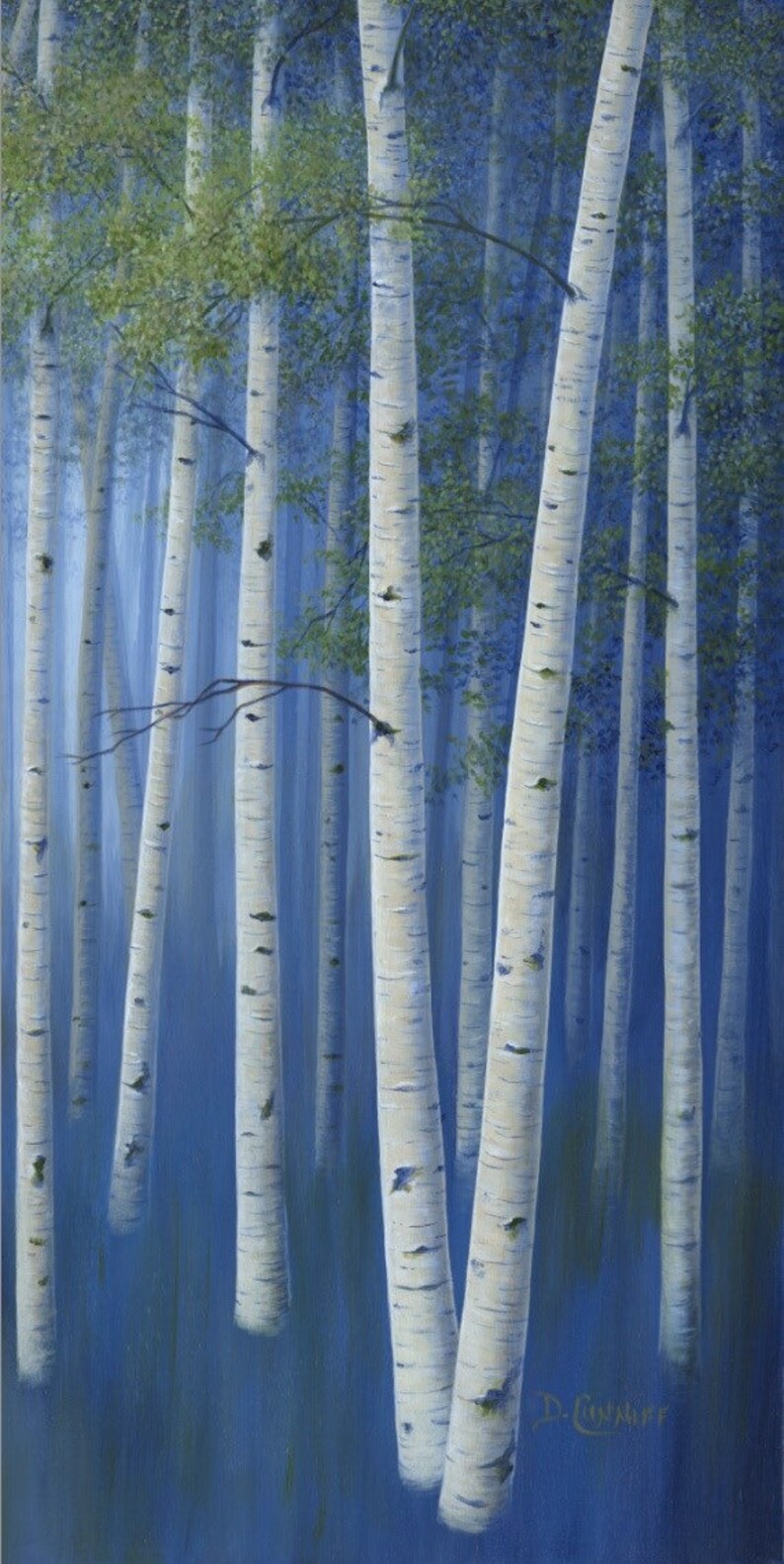 Large original birch tree paintings, 4 piece canvas wall art, Aspen trees decor, Office art work in navy blue & green image 6