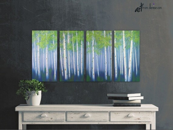 Navy Blue Green Landscape Wall Art Large Tree Painting Lime White Birch Aspen 4 Piece Canvas Tall Panels