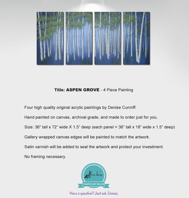 Large original birch tree paintings, 4 piece canvas wall art, Aspen trees decor, Office art work in navy blue & green image 2
