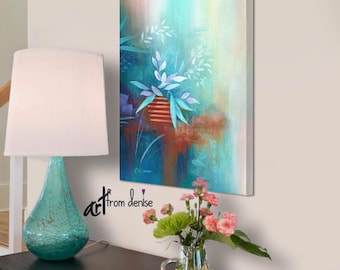 Abstract floral painting -Tall vertical wall art canvas - Teal, navy blue, aqua, & orange, Long narrow print for entry or bathroom picture