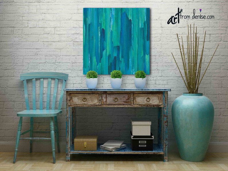 Teal Navy Blue Green Wall Art Canvas Abstract Living Room Etsy
