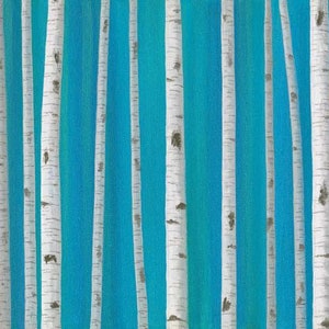 Original birch tree painting, Teal blue gray turquoise green, Panoramic canvas wall art image 3