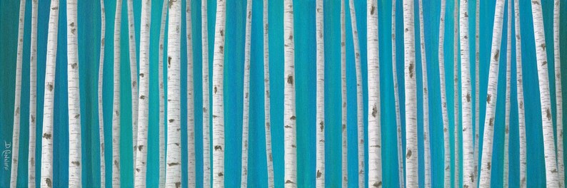 Original birch tree painting, Teal blue gray turquoise green, Panoramic canvas wall art image 3