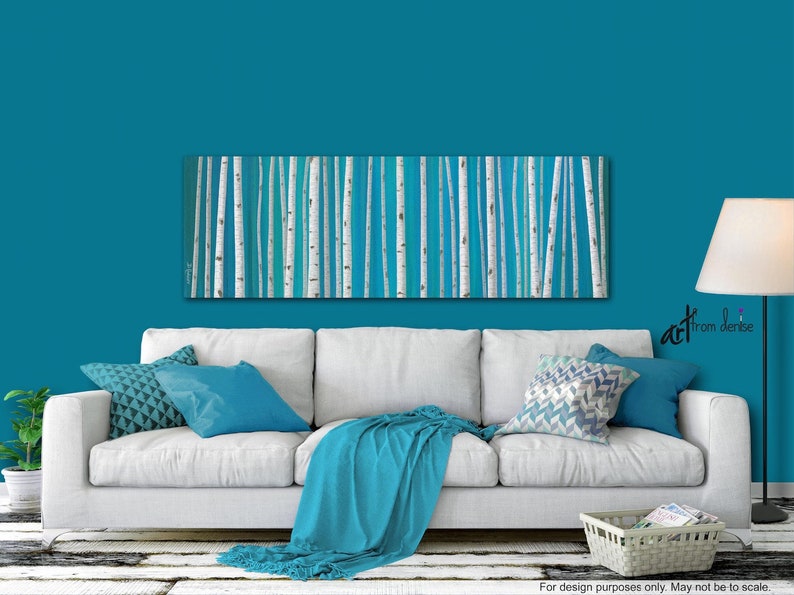 Original birch tree painting, Teal blue gray turquoise green, Panoramic canvas wall art image 1
