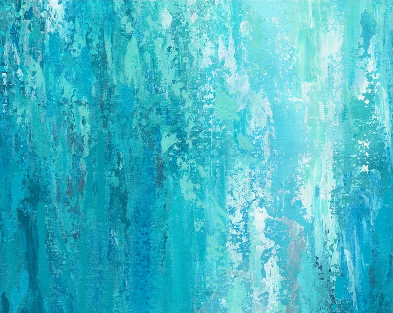 Tall vertical blue wall art, Teal turquoise aqua gray white, Abstract painting Canvas Art Print image 5