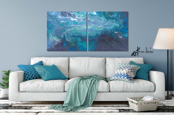 Gray And Teal Wall Art Canvas Abstract 2 Piece Print Set Aqua Blue Turquoise Navy