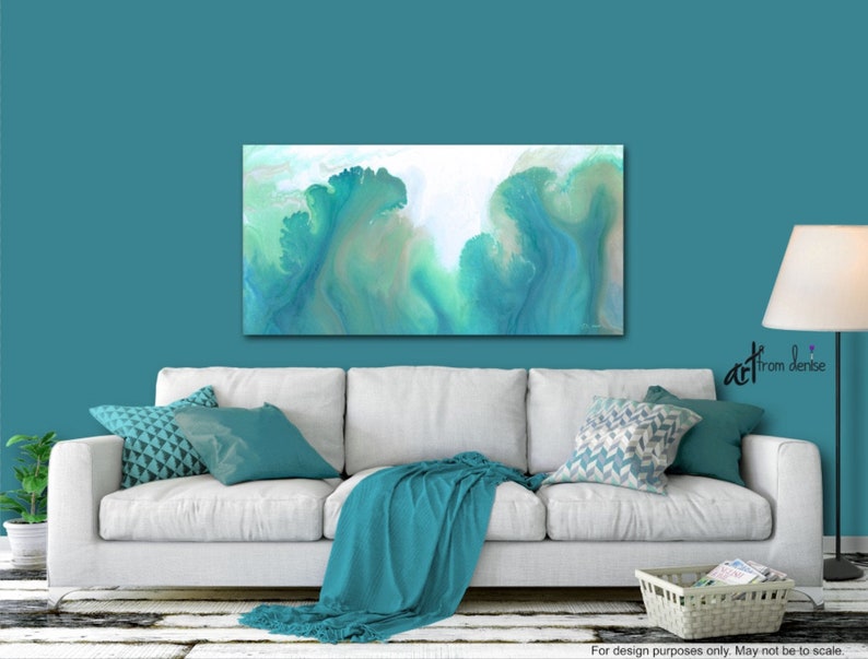 Oversized teal green wall art canvas abstract, Extra large living room wall decor, above bed bedroom artwork, Dining room pictures image 5