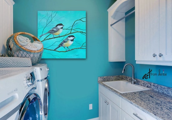 Teal Blue Yellow Laundry Room Decor Or Bathroom Picture Canvas Wall Art Bird Print Of Chickadees Gray Aqua Turquoise Artwork