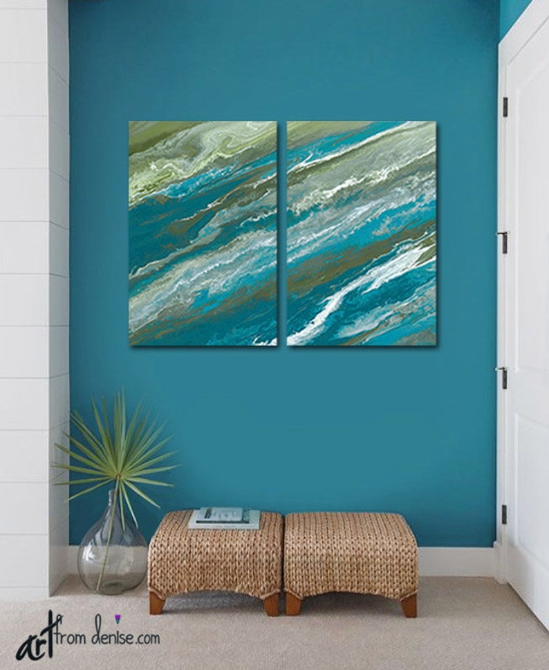 Blue & Green Abstract 2 Piece Canvas Wall Art Diptych - Etsy