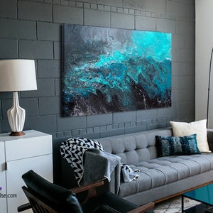 Large abstract blue black & grey canvas wall art / Above bed decor, art over couch, or dining room picture / Turquoise teal aqua image 6