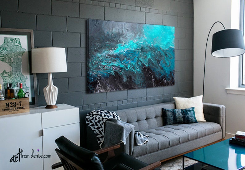 Large abstract blue black & grey canvas wall art / Above bed decor, art over couch, or dining room picture / Turquoise teal aqua image 6