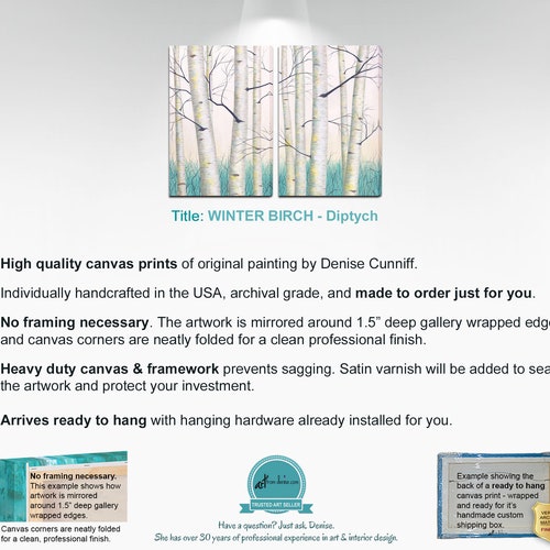 Large wall art - canvas print set of Aspen Birch tree painting, Two piece diptych, Aqua grey shops yellow & teal wall art 2 pictures