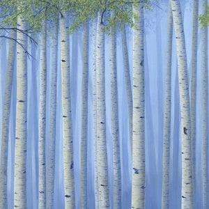 Large original birch tree paintings, 4 piece canvas wall art, Aspen trees decor, Office art work in navy blue & green image 4