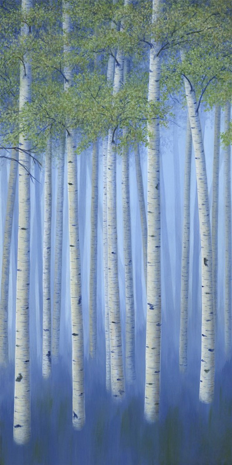 Large original birch tree paintings, 4 piece canvas wall art, Aspen trees decor, Office art work in navy blue & green image 4