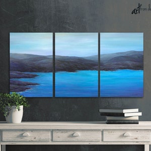 Coastal wall art ocean painting, Blue gray black purple, 3 panel canvas print set for men's bedroom or living room beach decor image 8