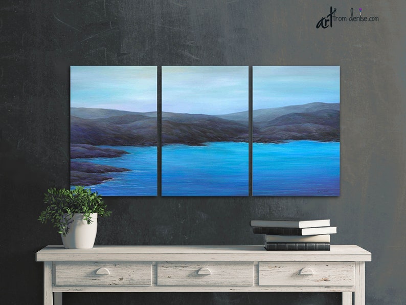 Coastal wall art ocean painting, Blue gray black purple, 3 panel canvas print set for men's bedroom or living room beach decor image 8