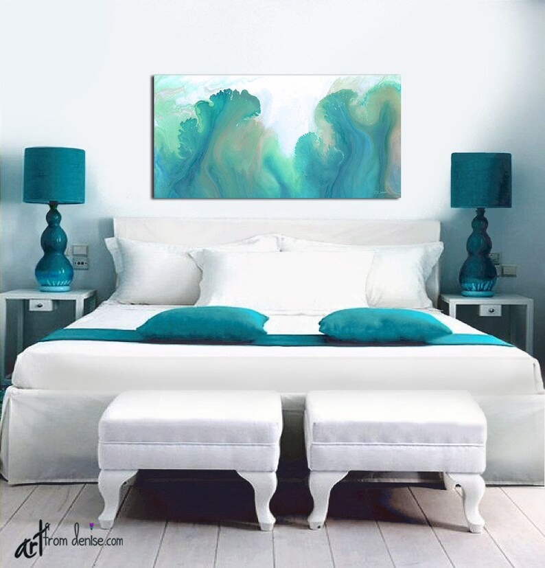 Oversized teal green wall art canvas abstract, Extra large living room wall decor, above bed bedroom artwork, Dining room pictures image 7