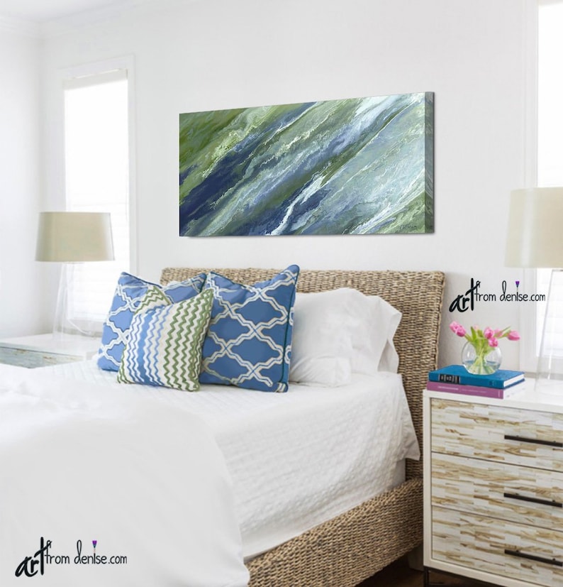 Large Navy Blue & Green Wall Art Canvas Abstract Print Wide Etsy