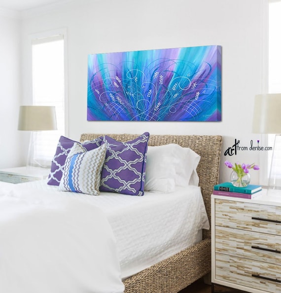 Blue Purple Canvas Abstract Turquoise Teal Magenta Pink Large Floral Wall Art For Jewel Tone Bedroom Or Bathroom Decor