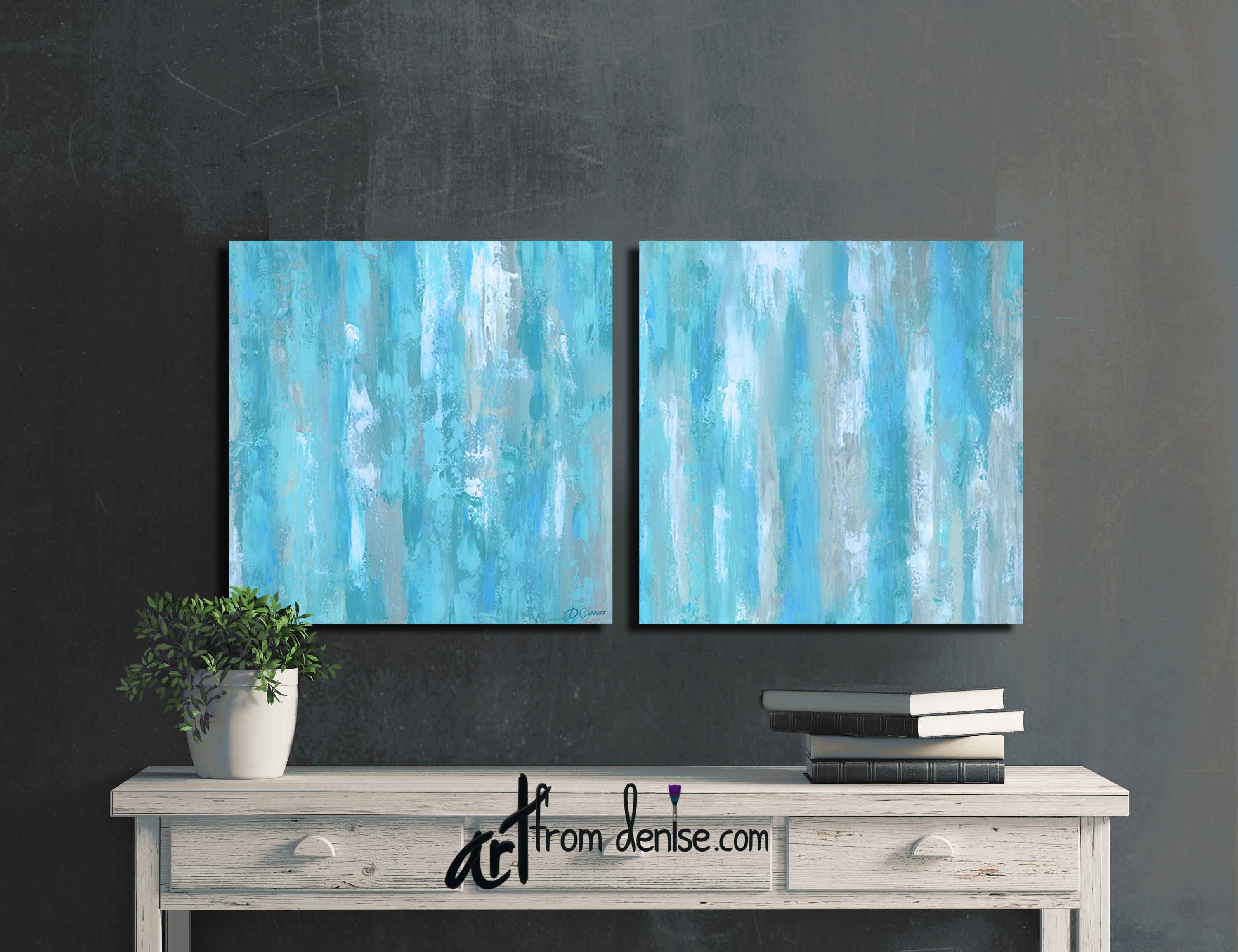 Teal & aqua blue abstract canvas art Large 2 piece print set Etsy España