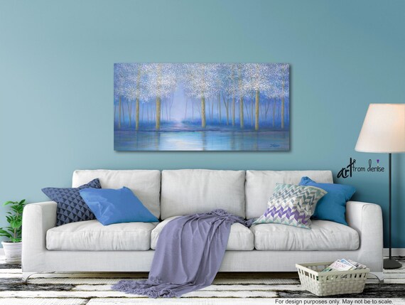 Tree Painting Blue Purple Grey Large Horizontal Canvas Wall Art Dining Room Bedroom Or Living Room Art Work