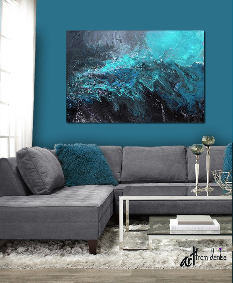 Large abstract blue black & grey canvas wall art / Above bed decor, art over couch, or dining room picture / Turquoise teal aqua image 5