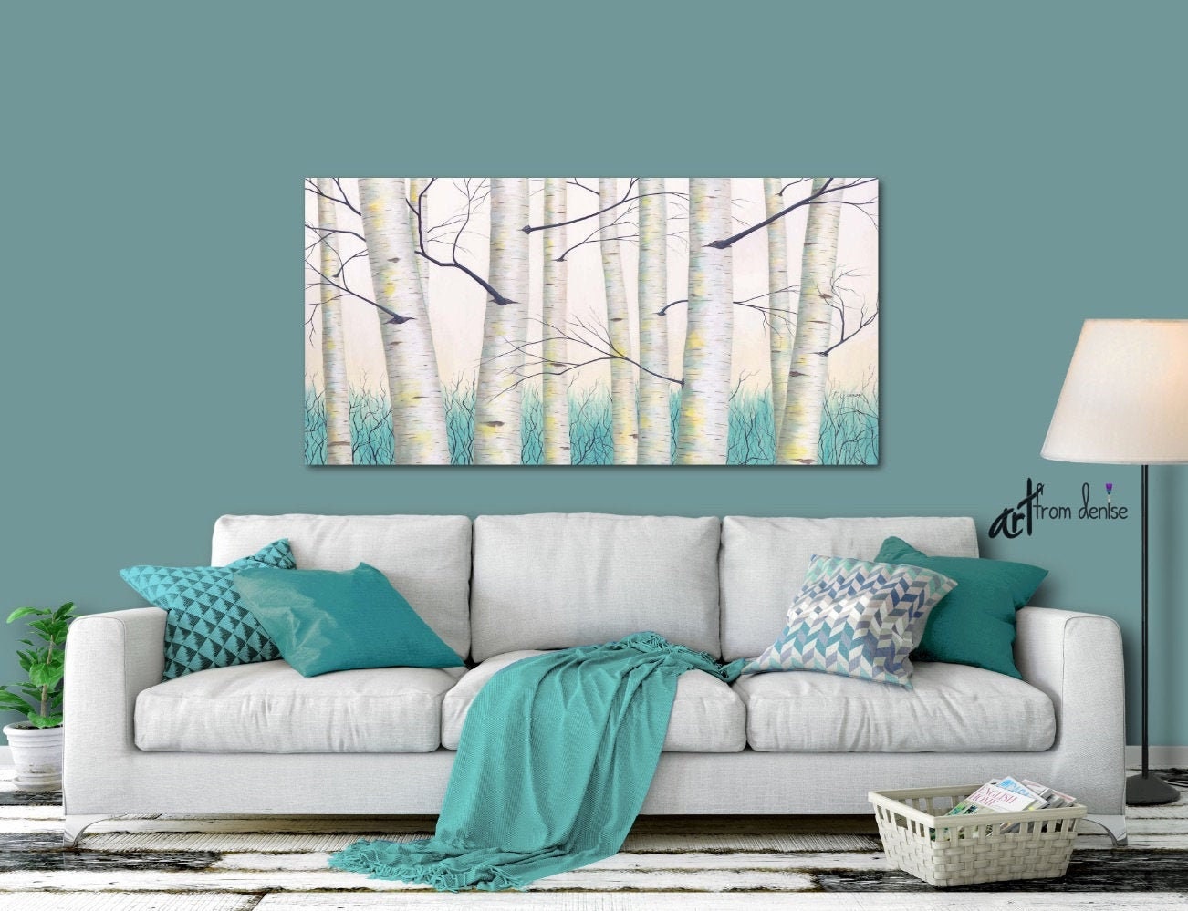 Aspen Tree Landscape Painting Aqua Teal Yellow Gray and White - Etsy