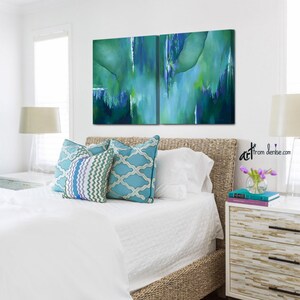 Teal wall art, Large abstract painting canvas art print set, Blue green turquoise navy aqua pictures for dining or living room wall decor image 8
