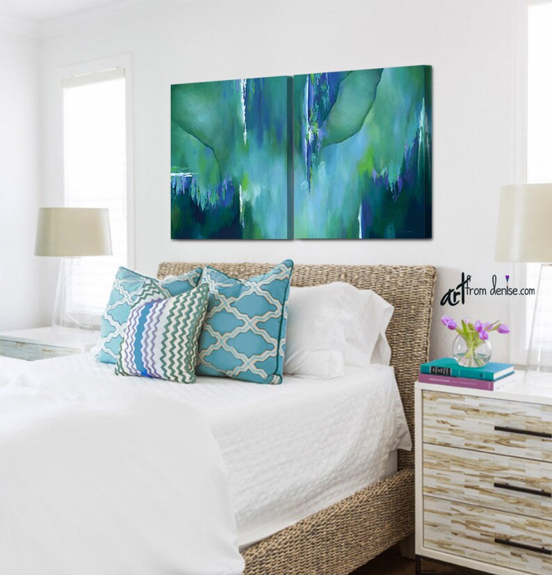 Teal wall art, Large abstract painting canvas art print set, Blue green turquoise navy aqua pictures for dining or living room wall decor image 8