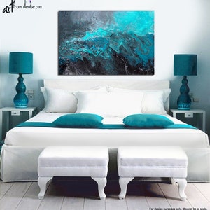 Large abstract blue black & grey canvas wall art / Above bed decor, art over couch, or dining room picture / Turquoise teal aqua image 8