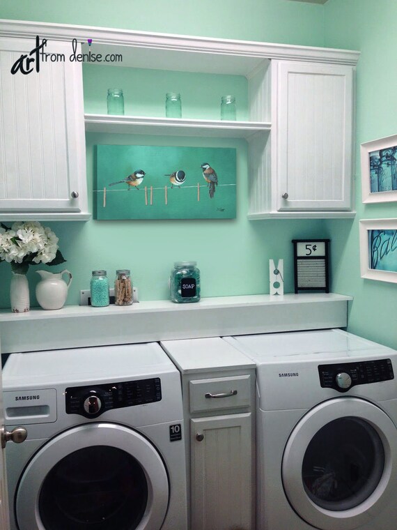 Laundry Room Wall Decor Teal Mint Green Gray Yellow Orange Canvas Wall Art Chickadee Birds On Wire