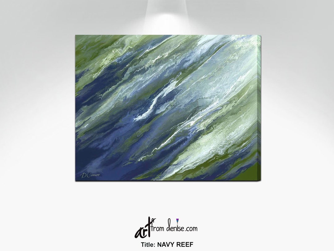 Olive Green & Navy Blue Wall Art Canvas Abstract, Chartreuse Sage Slate