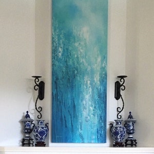 Tall vertical blue wall art, Teal turquoise aqua gray white, Abstract painting Canvas Art Print image 7