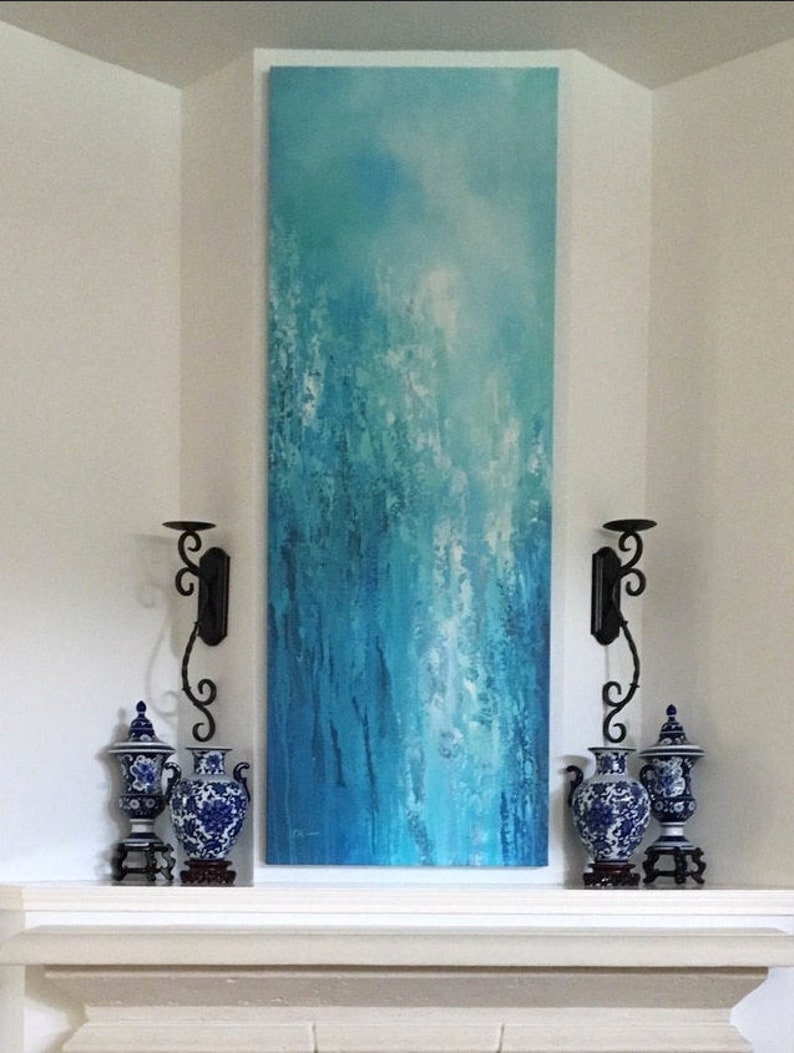 Tall vertical blue wall art, Teal turquoise aqua gray white, Abstract painting Canvas Art Print image 7