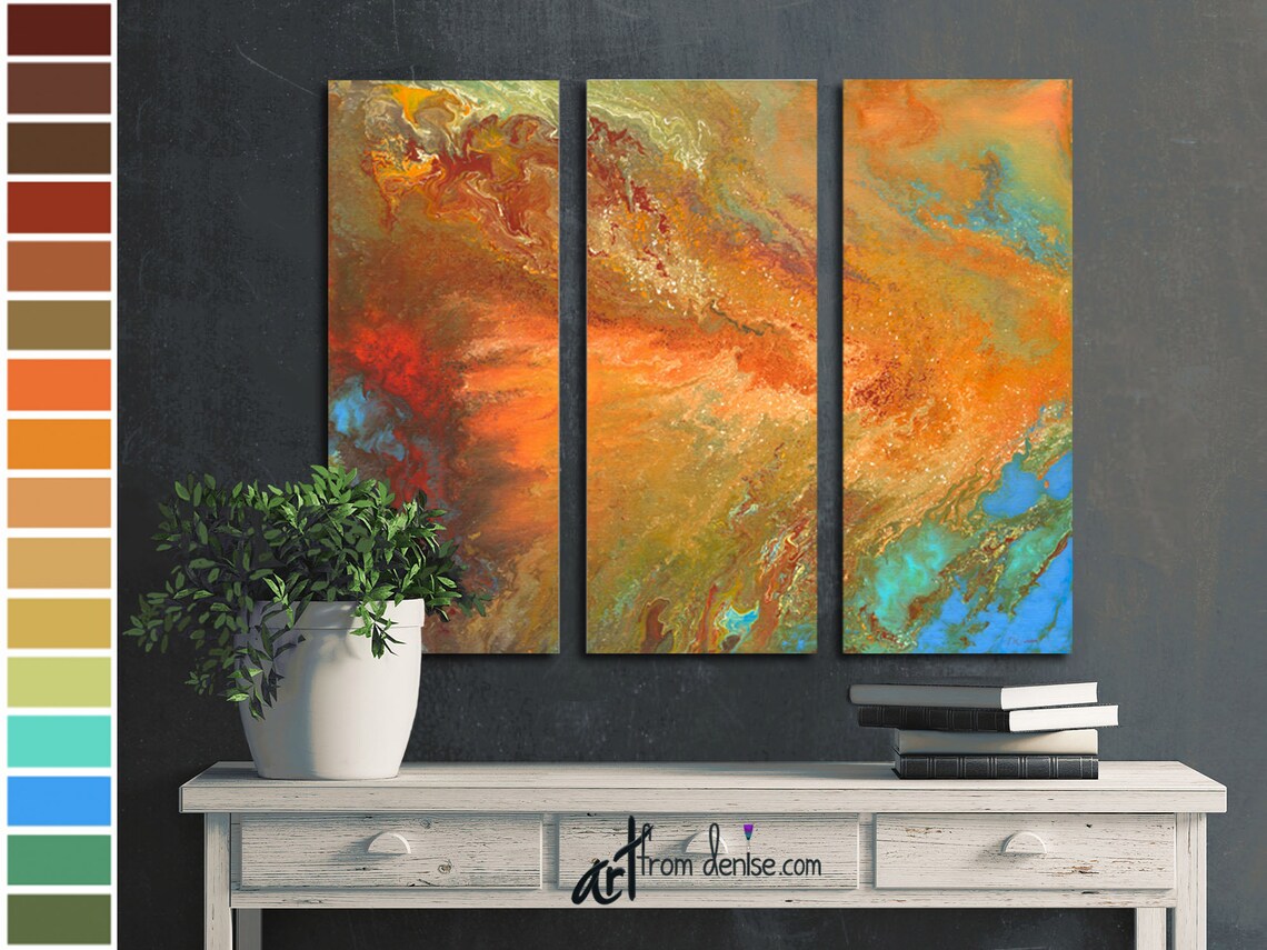 Orange red & blue 3 piece wall art canvas set Large abstract Etsy