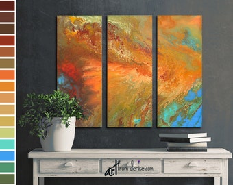 Orange red & blue 3 piece wall art canvas set, Large abstract wall decor above bed, art pictures for living room, dining or bedroom