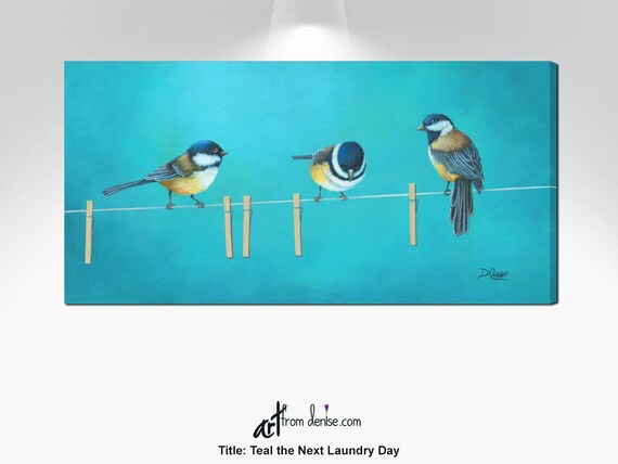 Laundry Room Pictures Teal Yellow Gray Aqua Blue Canvas Wall Art Laundry Room Decor Chickadees Painting Birds On A Wire