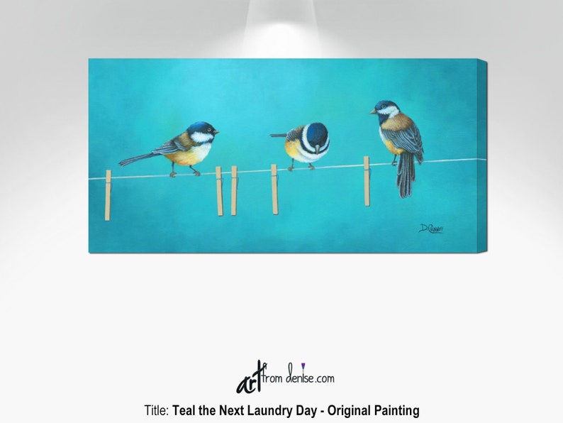 Birds on a clothesline canvas wall art Bathroom decor, laundry room pictures Teal blue aqua gray & yellow chickadees painting image 1