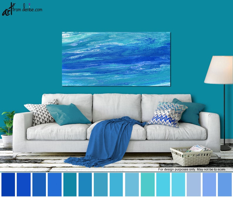 Teal & cobalt blue abstract coastal artwork Long ...