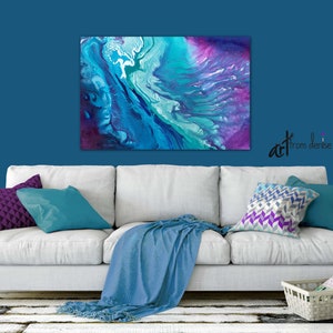 Teal navy blue & purple oversized wall art canvas abstract, Large bedroom wall decor above bed, Art over couch, Dining room pictures image 5