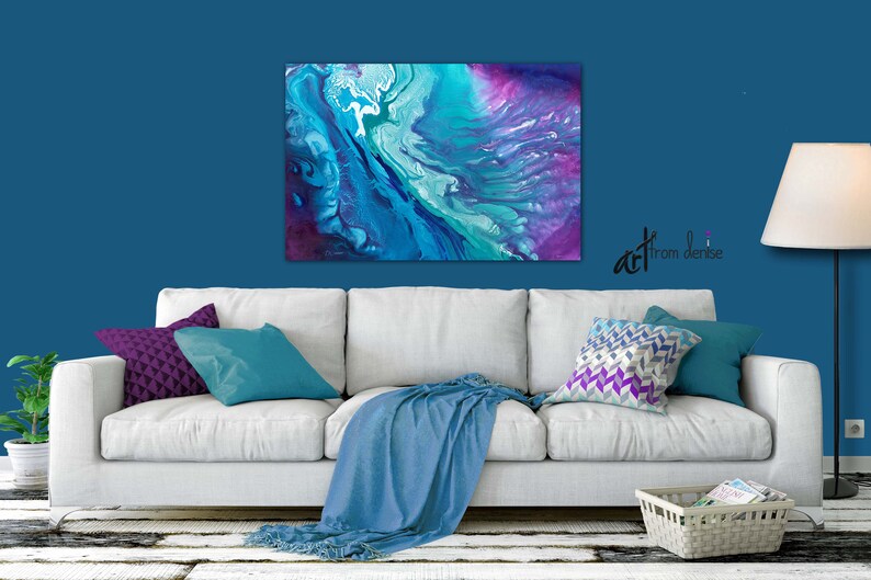 Teal navy blue & purple oversized wall art canvas abstract, Large bedroom wall decor above bed, Art over couch, Dining room pictures image 5