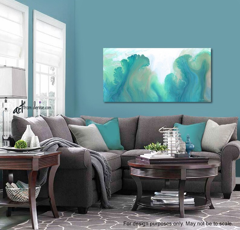 Oversized teal green wall art canvas abstract, Extra large living room wall decor, above bed bedroom artwork, Dining room pictures image 6