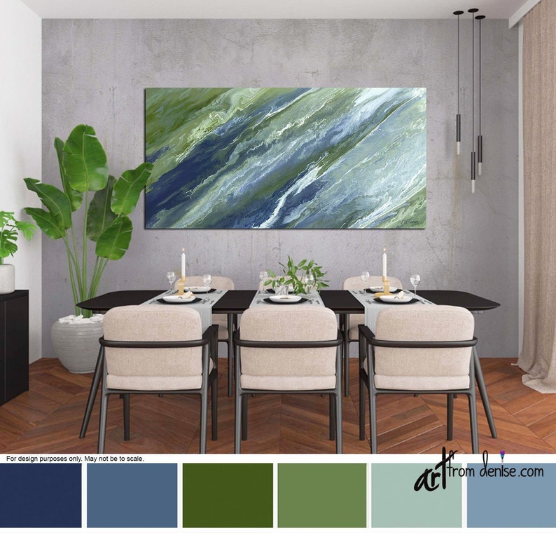 Large Navy Blue & Green Wall Art Canvas Abstract Print Wide Etsy