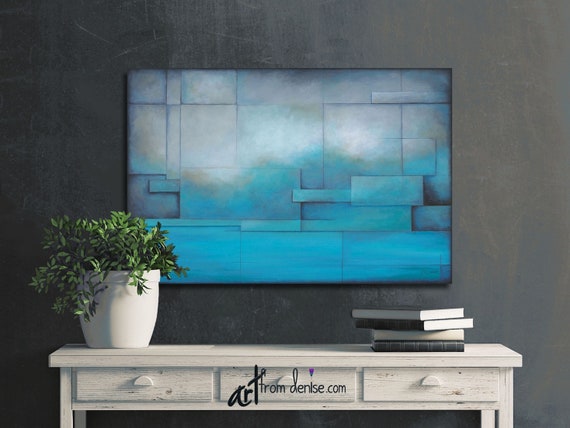 Rustic Art Work Teal Aqua Blue Gray Large Abstract Landscape Canvas Wall Art Above Bed Decor Art Over Couch Or Dining Room Picture