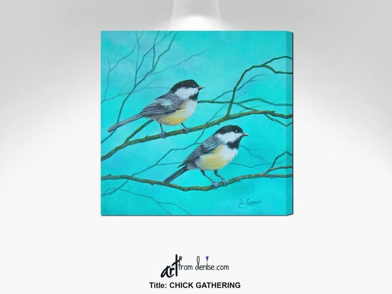 Teal Blue Yellow Laundry Room Decor Or Bathroom Picture Canvas Wall Art Bird Print Of Chickadees Gray Aqua Turquoise Artwork