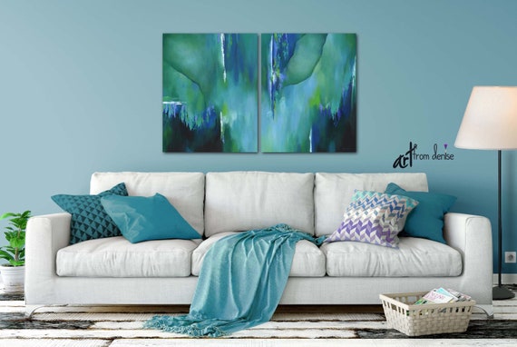 Large Wall Art Teal Blue Green Navy Violet Original Abstract Paintings Two Piece Canvas Set