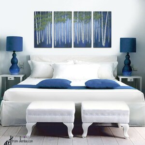 Large original birch tree paintings, 4 piece canvas wall art, Aspen trees decor, Office art work in navy blue & green image 9