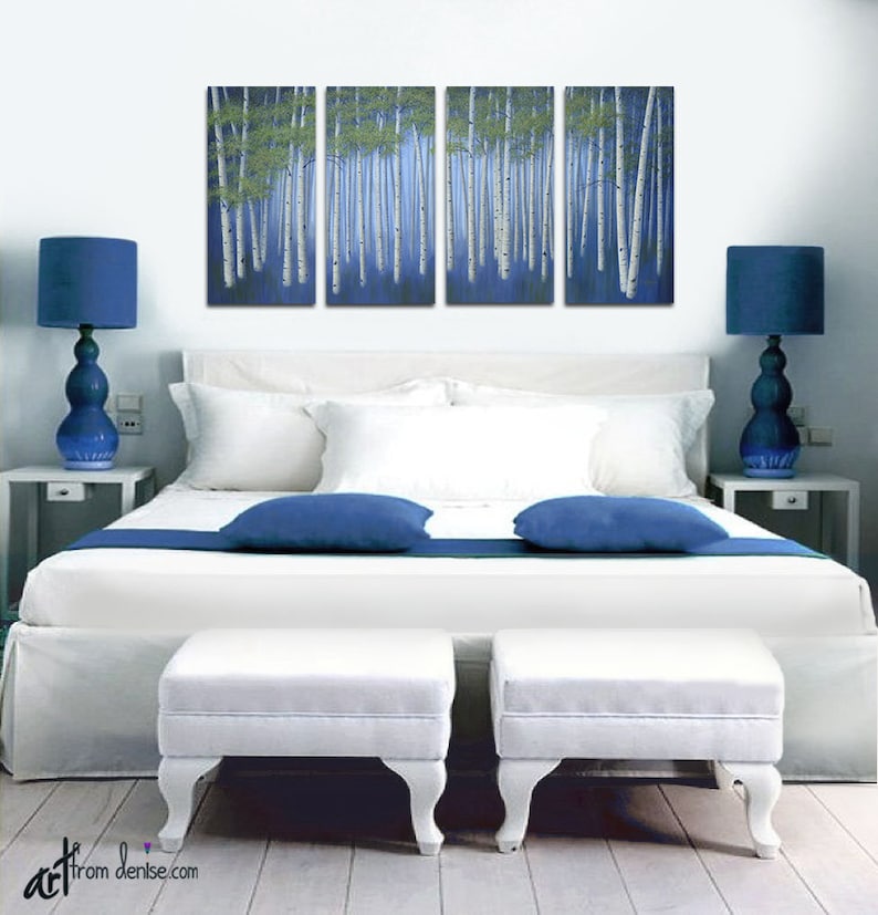 Large original birch tree paintings, 4 piece canvas wall art, Aspen trees decor, Office art work in navy blue & green image 9