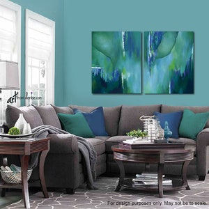 Teal wall art, Large abstract painting canvas art print set, Blue green turquoise navy aqua pictures for dining or living room wall decor image 5