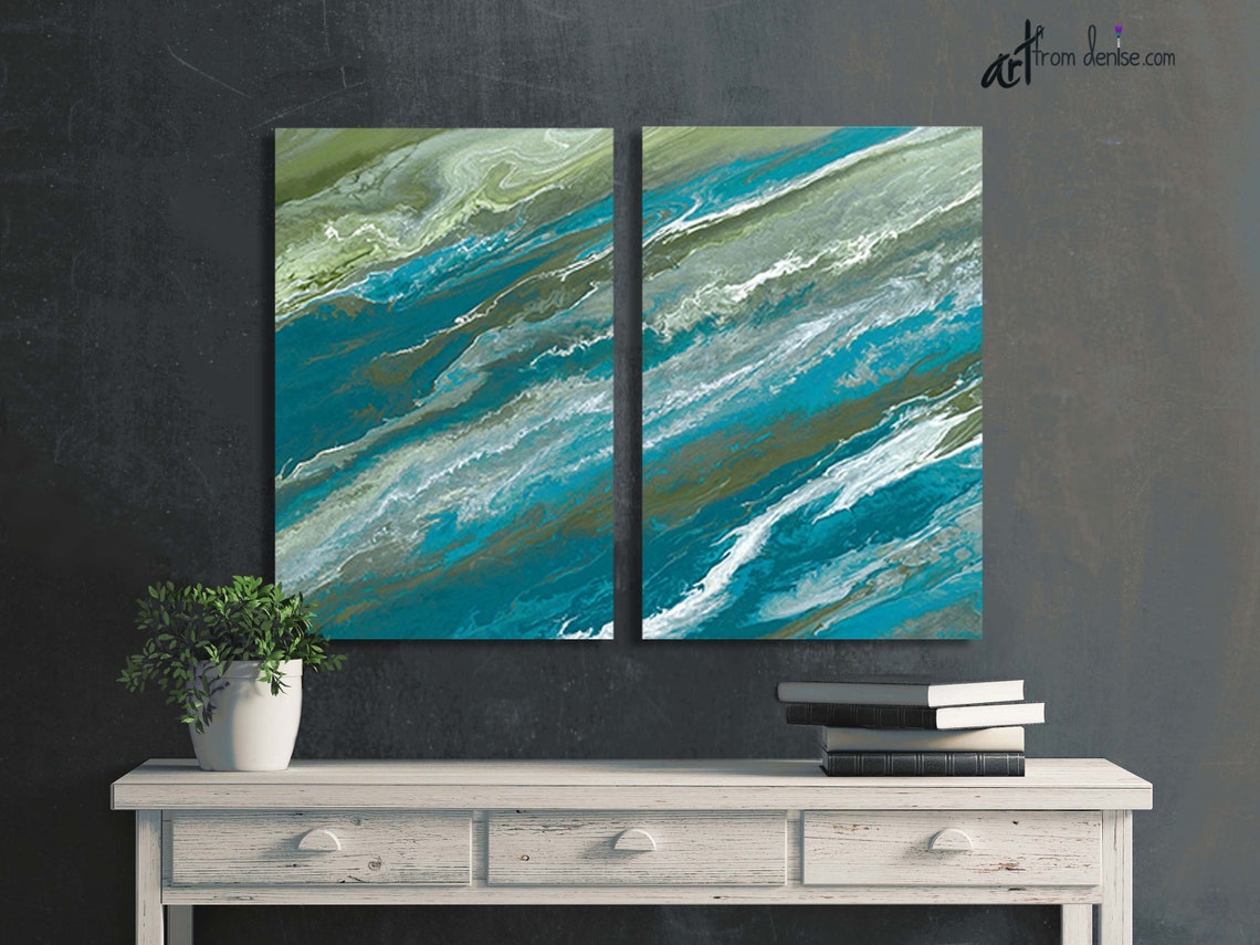 Blue & Green Abstract 2 Piece Canvas Wall Art Diptych - Etsy
